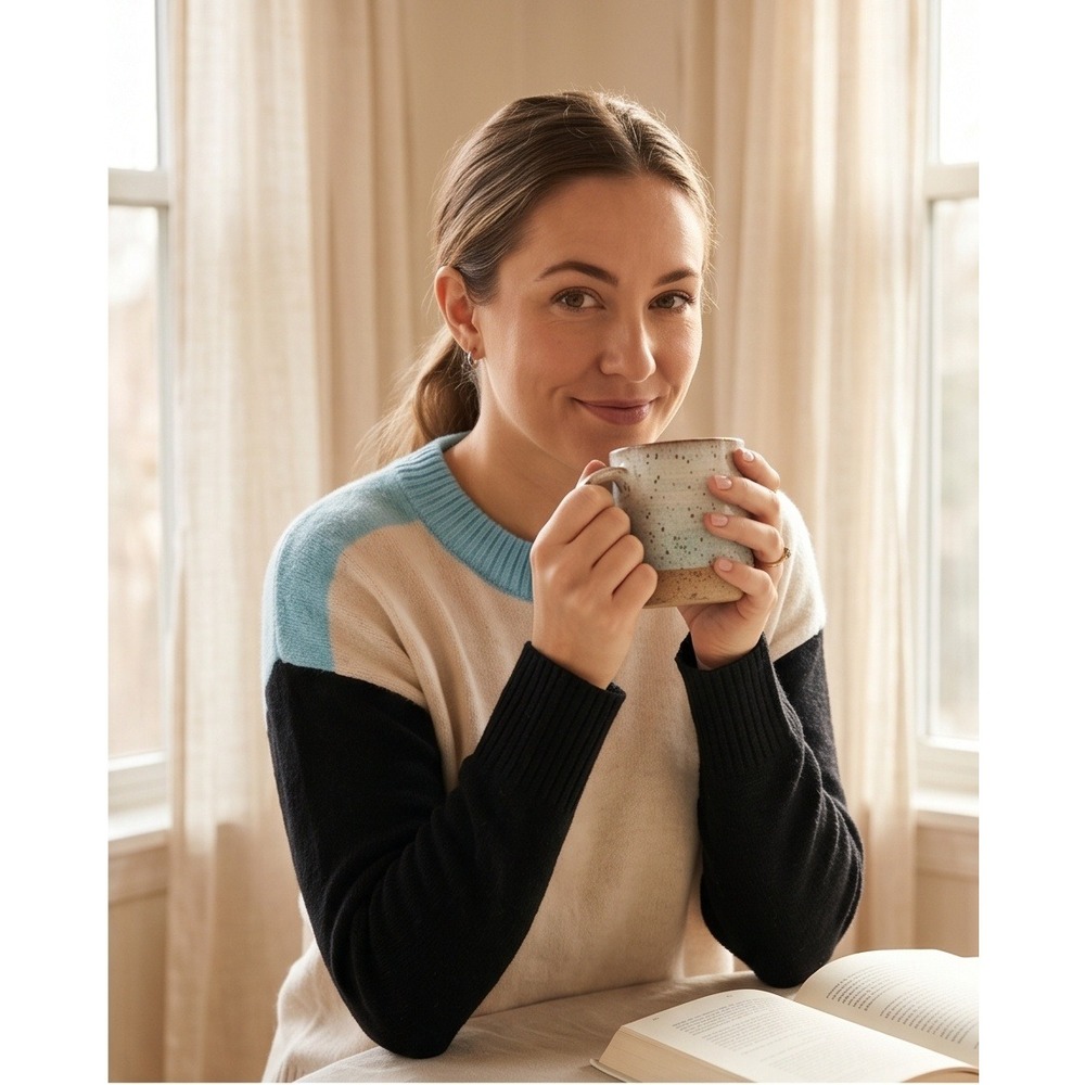 LOFT S Colorblock‎ Knit Sweater Crew Neck Long Sleeve Cream Blue Black Women's - Picture 3 of 11